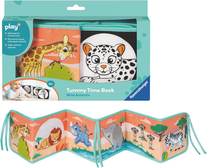 Boxed and unfolded teal accordion soft book featuring colorful cartoon wild animals like a giraffe, lion, and rhino.