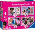 Pink Ravensburger box with four Barbie puzzles of 12, 16, 20, and 24 pieces featuring diverse dolls in trendy styles.