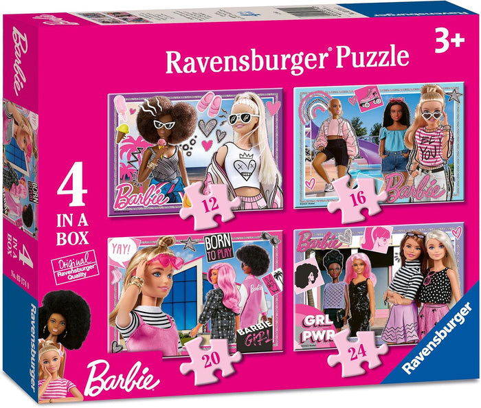 Pink Ravensburger box with four Barbie puzzles of 12, 16, 20, and 24 pieces featuring diverse dolls in trendy styles.