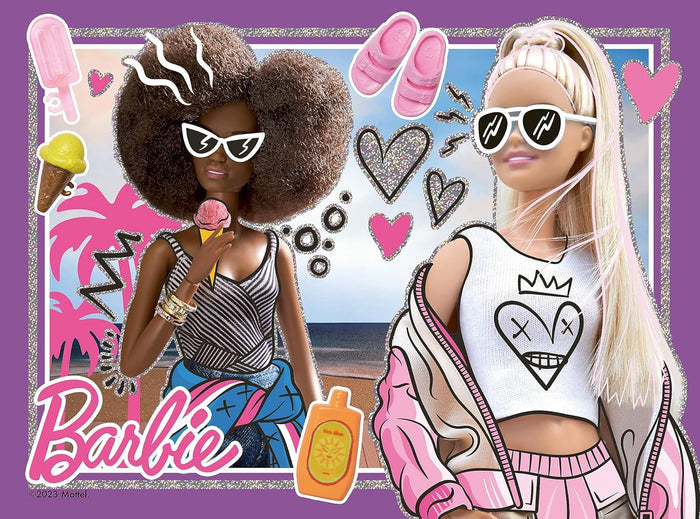 Two Barbie dolls with an afro and blonde hair, surrounded by pink hearts and beach stickers in a purple frame.