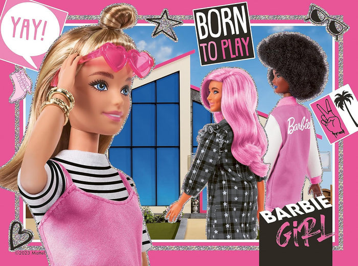 Pink collage of three Barbie dolls with blonde, pink, and afro hair, glitter borders, and Born to Play text.