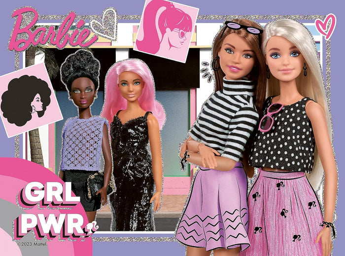Four diverse Barbie dolls in fashion outfits with GRL PWR text on a glittery pink background with Barbie logo.