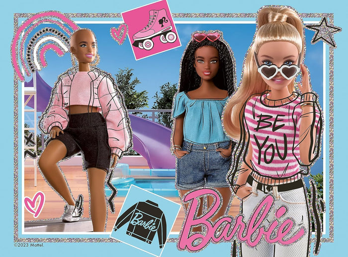 Three diverse Barbie dolls in trendy outfits against a pool background with colorful stickers and a pink Barbie logo.