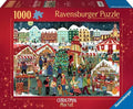 Red 1000-piece puzzle box featuring a colorful snowy market at night with festive stalls, people, and a carousel.