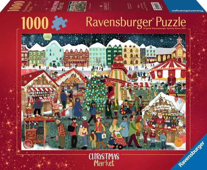 Red 1000-piece puzzle box featuring a colorful snowy market at night with festive stalls, people, and a carousel.