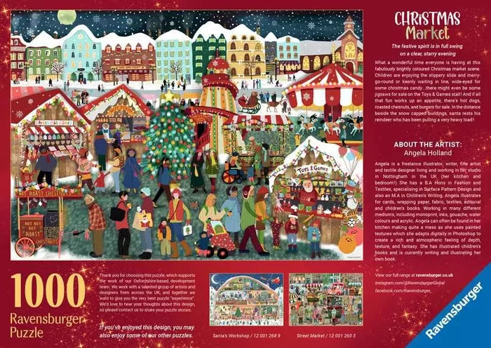 Colorful puzzle box art showing a snowy nighttime Christmas market with festive stalls, people, and a red carousel.