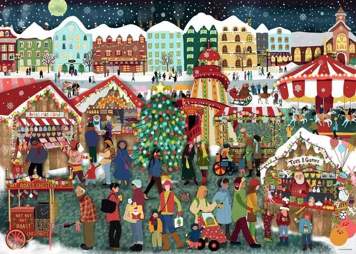 Vibrant illustration of a snowy night Christmas market featuring a carousel, decorated tree, and people browsing stalls.
