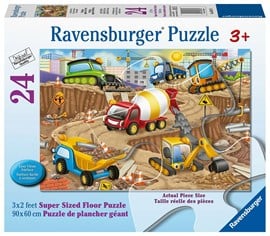 24-piece Ravensburger floor puzzle box featuring a colorful construction site with an excavator and cement mixer.