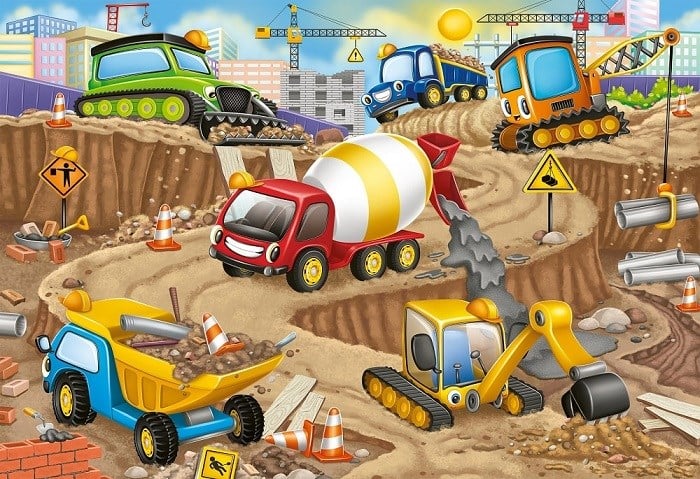 Vibrant cartoon construction scene with a red cement mixer, yellow excavator, and blue dump trucks on a building site.