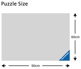 Diagram of a grey rectangle showing puzzle dimensions: 90cm wide and 60cm high with a blue corner logo.