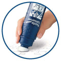 Hand applying glue from a blue bottle with a sponge tip onto a white jigsaw puzzle.