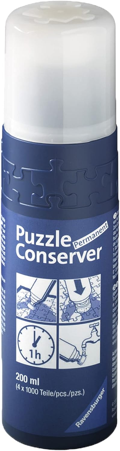 Blue 200ml bottle of Ravensburger puzzle glue with a white cap and illustrated steps for applying and drying.