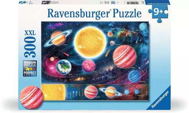 Ravensburger puzzle box with a vibrant space scene of colorful planets and a glowing sun against a dark starry sky.