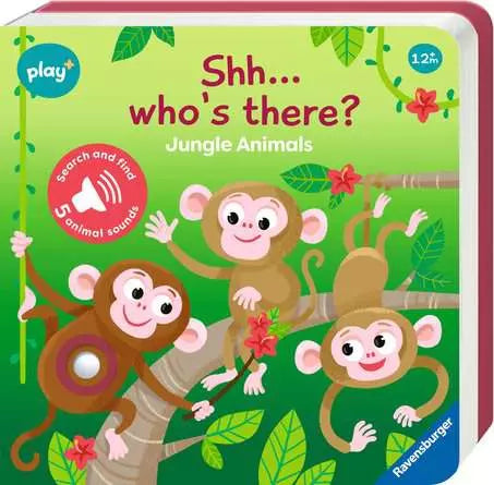 Green board book titled Shhh... who's there? featuring three cartoon monkeys on a jungle branch with red flowers.