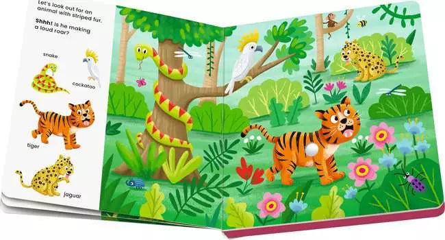 Open board book with bright illustrations of a tiger, snake, and jaguar in a vibrant green jungle with pink flowers.