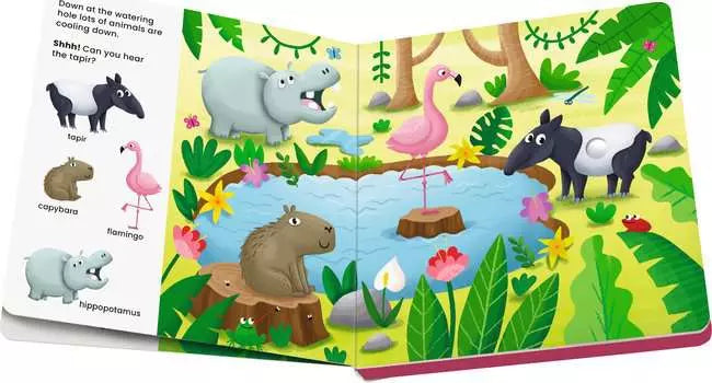 Open board book featuring colorful illustrations of jungle animals like a hippo, flamingo, and tapir at a watering hole.