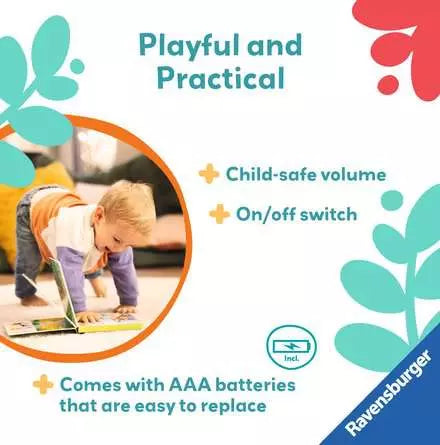 Toddler looks at a book in an orange circular frame. Text lists child-safe volume, on/off switch, and batteries.
