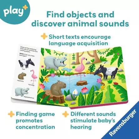 Open board book showing colorful jungle animals like a hippo and pink flamingo in a lush illustrated landscape.