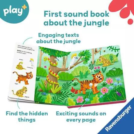 Open jungle-themed sound book with colorful tiger and snake illustrations on green pages and brand logos.
