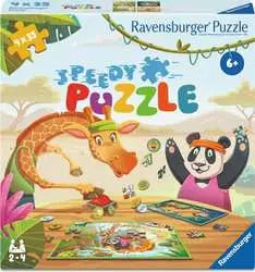 Colorful Ravensburger Speedy Puzzle box with cartoon giraffe and panda assembling puzzles in a sunny jungle scene.