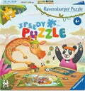 Colorful Ravensburger Speedy Puzzle box with cartoon giraffe and panda assembling puzzles in a sunny jungle scene.