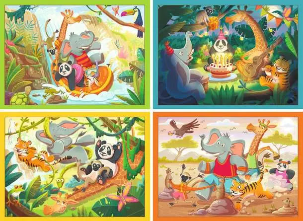 Four vibrant cartoon illustrations of safari animals rafting, celebrating a birthday, climbing, and dancing together.
