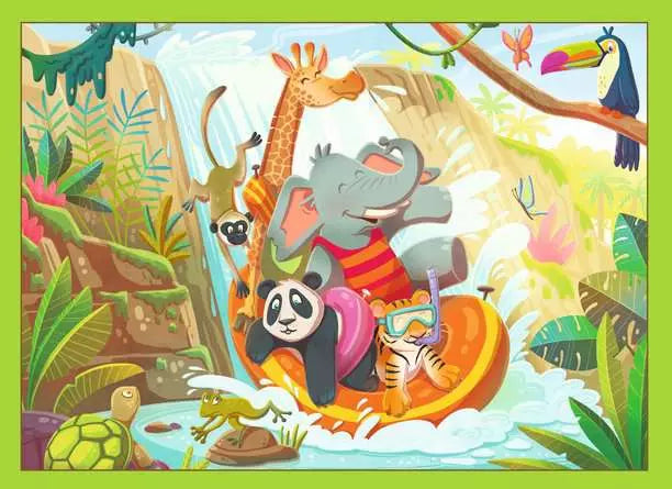 Vibrant cartoon illustration of jungle animals rafting down a waterfall on a bright orange tube in a lush forest.