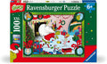Red and green Ravensburger puzzle box with 100 XXL pieces showing the Grinch stealing gifts as Cindy Lou Who watches.