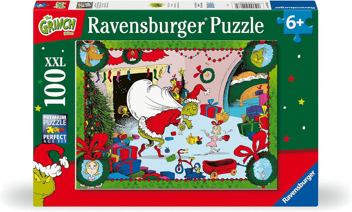 Red and green Ravensburger puzzle box with 100 XXL pieces showing the Grinch stealing gifts as Cindy Lou Who watches.
