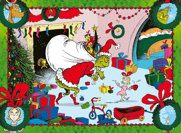 Grinch in a Santa suit carries a giant toy sack near Cindy Lou Who, with colorful gifts and a festive wreath border.
