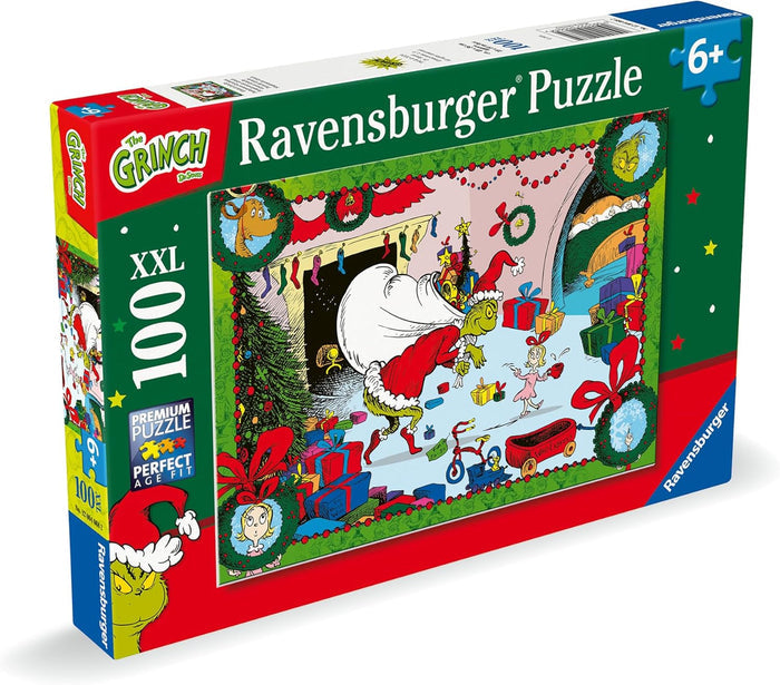 Green and red puzzle box showing The Grinch in a Santa suit carrying a large white sack in a festive living room.