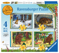 Box for four Gruffalo puzzles featuring forest scene illustrations and piece counts of 12, 16, 20, and 24.