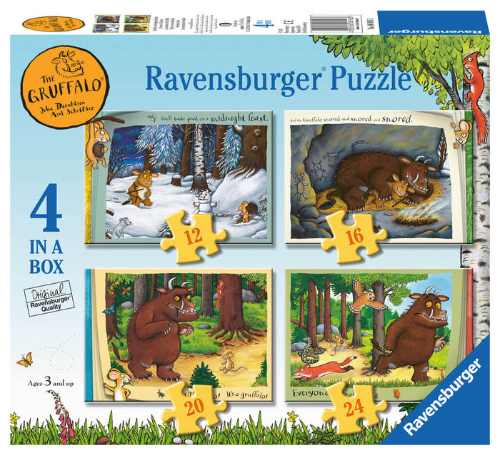 Box for four Gruffalo puzzles featuring forest scene illustrations and piece counts of 12, 16, 20, and 24.