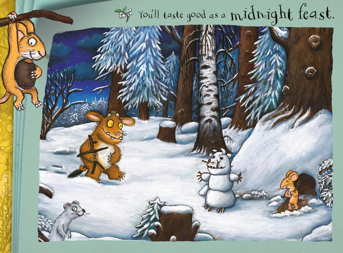 The Gruffalo's Child and a mouse in a snowy forest at night with a snow-gruffalo, white stoat, and winter trees.