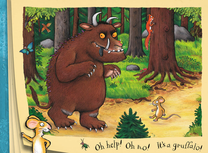 Illustration of the Gruffalo with horns and prickles facing a mouse. Text: Oh help! Oh no! It's a gruffalo!