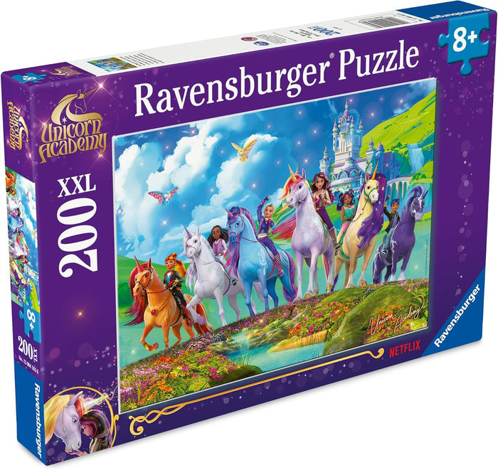 Purple XXL puzzle box showing diverse girls riding colorful unicorns through a flower-filled field toward a fantasy castle.