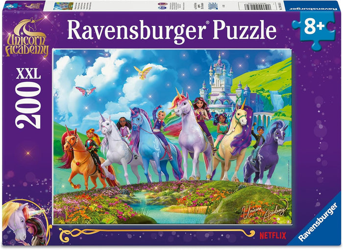 Purple Ravensburger puzzle box for 200 XXL pieces showing girls riding colorful unicorns in a magical landscape.
