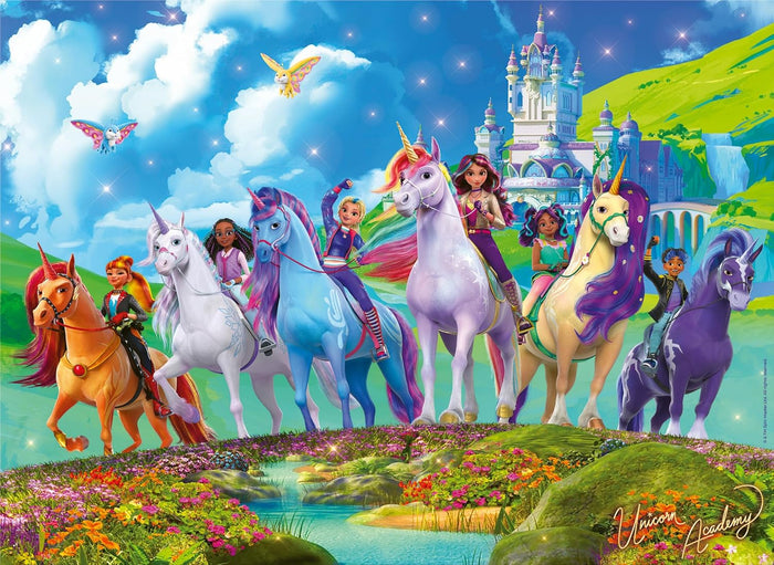Animated scene of six diverse girls on colorful unicorns in a magical meadow with a castle and blue sky.