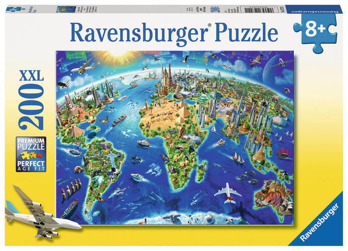 Ravensburger 200 XXL piece puzzle box showing a colorful world map filled with landmarks, animals, and planes.