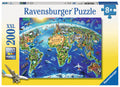 Ravensburger 200 XXL piece puzzle box showing a colorful world map filled with landmarks, animals, and planes.