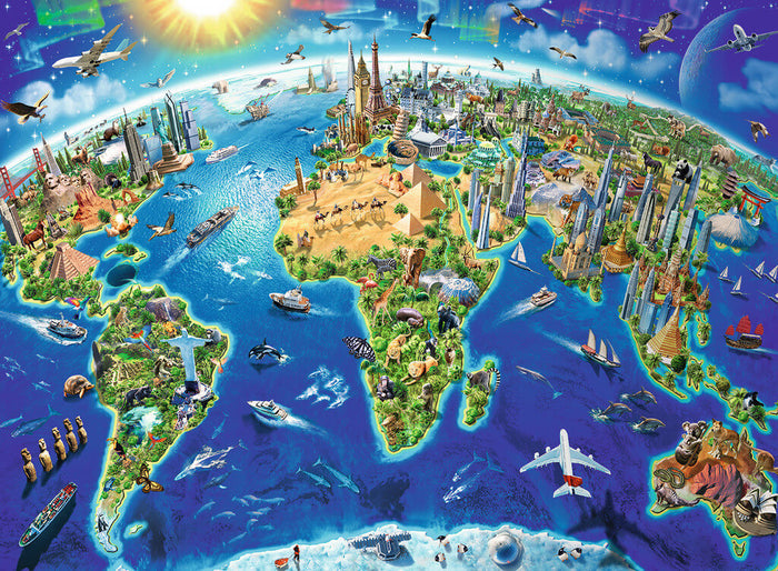 Colorful world map illustration with the Eiffel Tower, Pyramids, wildlife, and vehicles across land and blue ocean.