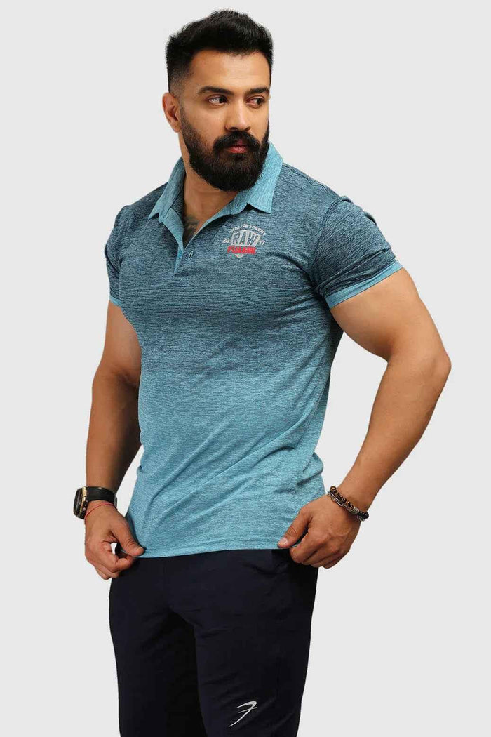 Blue Raw Polo Slim Fit T-shirt by Fuaark Nz, showing the fitted polo shirt with a classic collar and short sleeves.