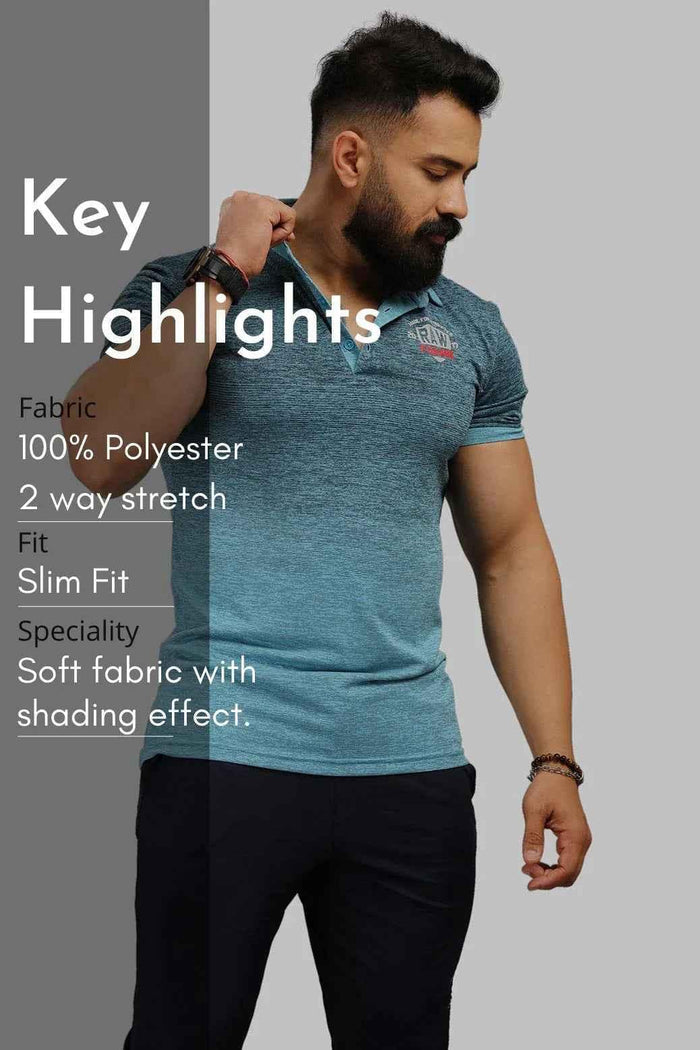 Blue Raw Polo Slim Fit T-shirt by Fuaark NZ, showing the fitted design, collar, and short sleeves on a plain background.