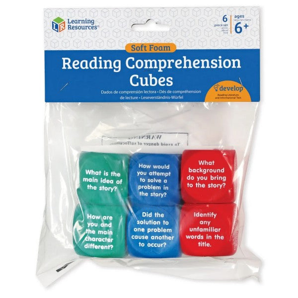Six green, blue, and red foam cubes with reading questions in a clear plastic package with a blue header.