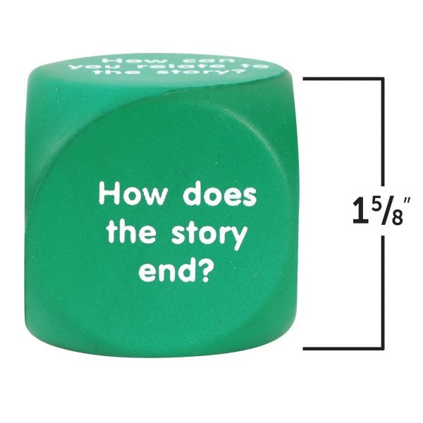 Green foam die with white text reading How does the story end? and a dimension label showing a 1 5/8 inch height.
