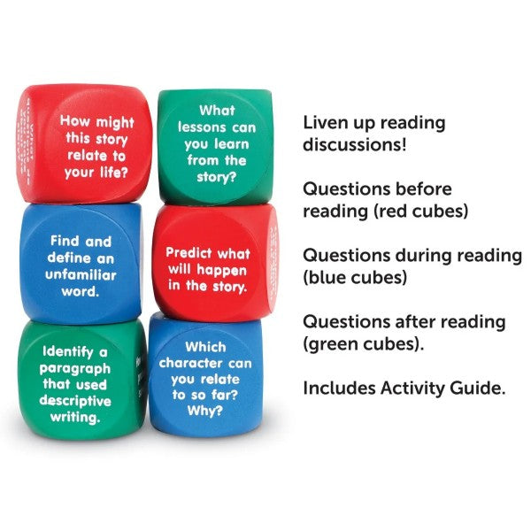 Six red, blue, and green foam cubes with reading comprehension prompts for before, during, and after reading.