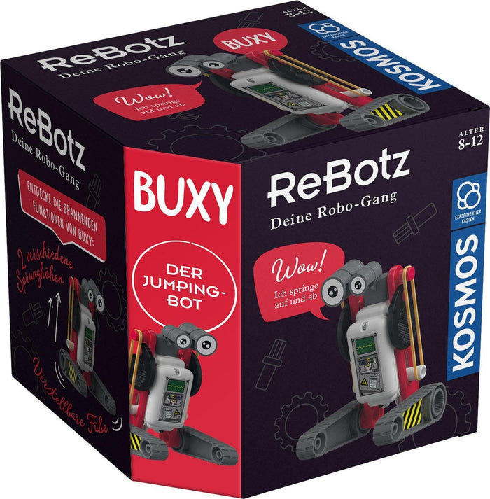 Purple and red box for ReBotz Buxy, a white jumping toy robot with large binocular eyes and tank-tread feet.