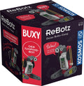 Purple and red box for ReBotz Buxy, a white jumping toy robot with large binocular eyes and tank-tread feet.