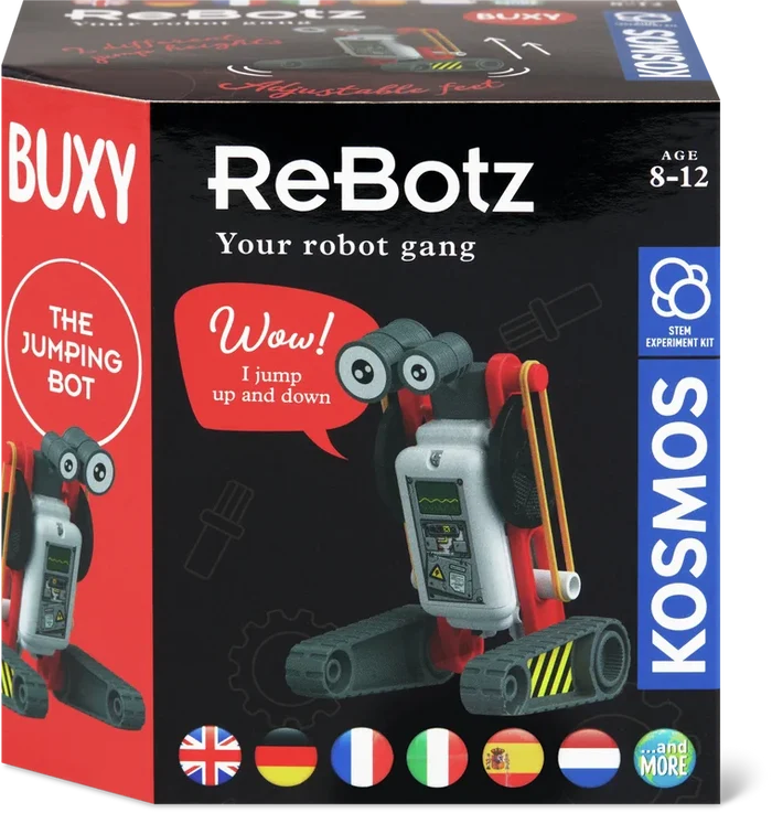Buxy Jumping-BOT STEM kit box showing a red and grey robot with binocular eyes, tank treads, and yellow rubber bands.