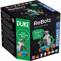 Black box for a green and white robot kit with orange skate wheels, a broom and umbrella for arms, and STEM logos.